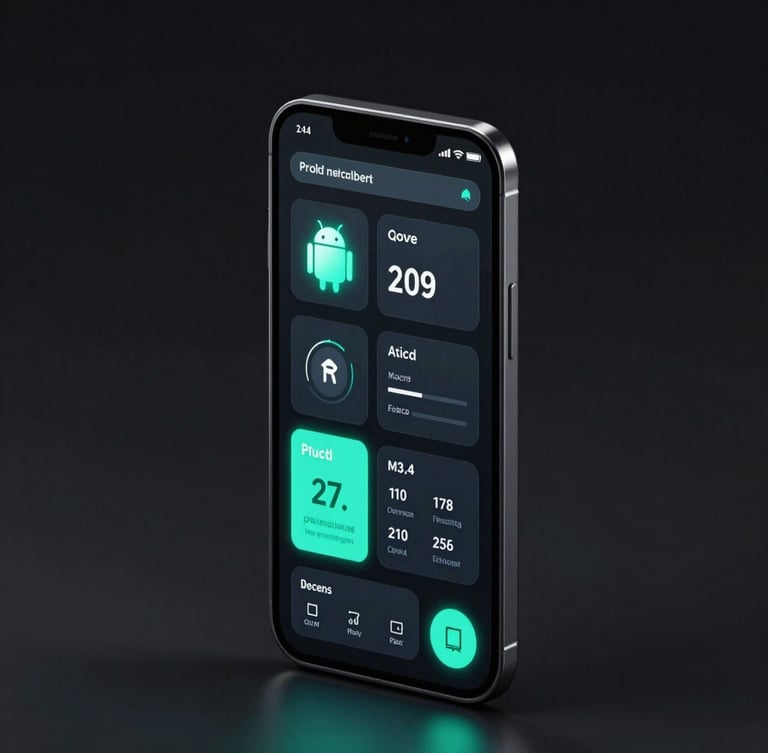 Sleek 3d render of an isometric Android smartphone mockup displaying a gamified productivity dashboard, glowing cyan UI elements, high-contrast dark background.