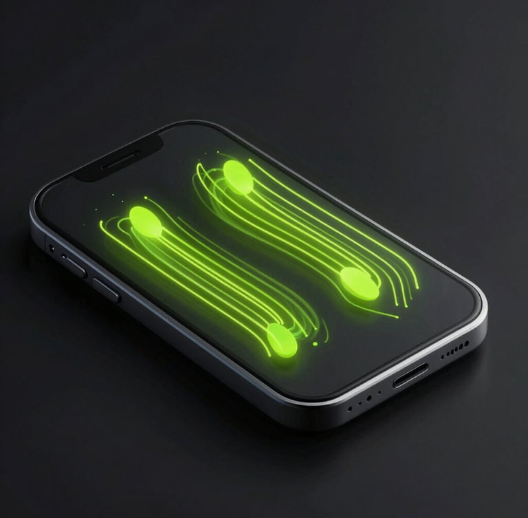 Macro crop of a sleek mobile interface, glowing neon lime vector patterns representing fluid motion and tactile haptic feedback, dark high-contrast background.