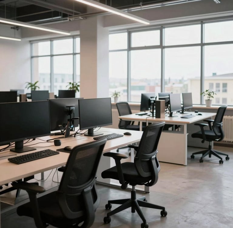 Wide angle shot of a modern, clean Odesa IT workspace with high-end workstations, ergonomic chairs, and large windows with natural daylight.