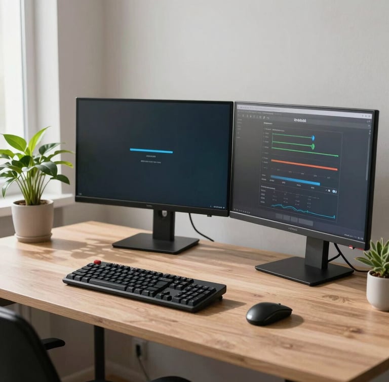 A wide environmental shot of a modern, organized workstation in Odesa, crisp natural daylight illuminating a dual-monitor setup, clean mechanical keyboard, and a green plant, professional atmosphere.