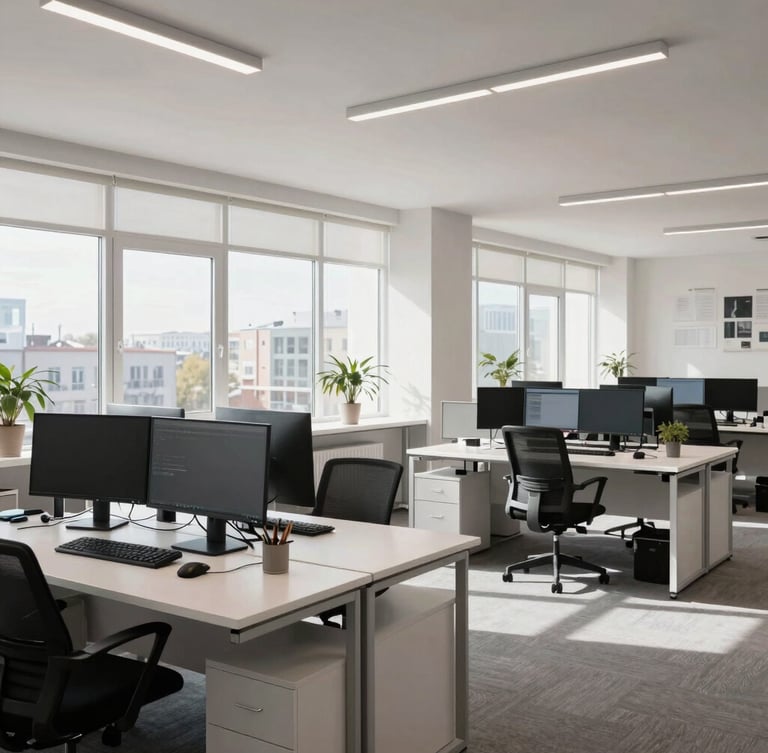 Wide-angle environmental shot of a modern, brightly lit Odesa office workspace with clean desk setups and multiple monitors, daylight streaming through large windows.
