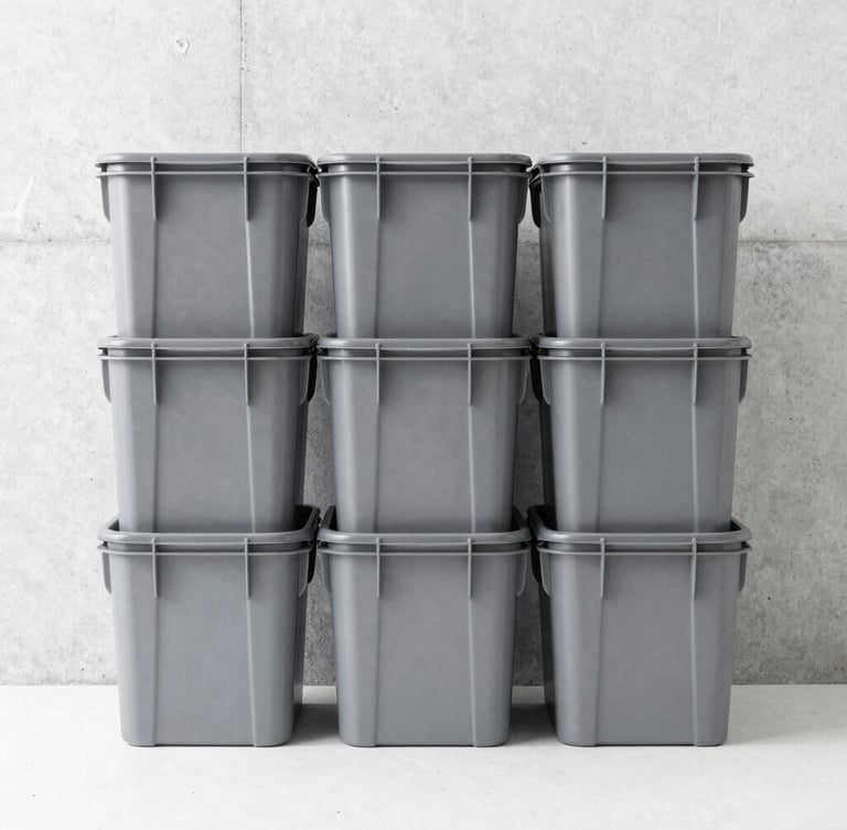 Straight-on eye-level studio shot of heavy-duty gray plastic storage bins stacked neatly against a clean concrete wall, high-key lighting, crisp details, 50mm lens