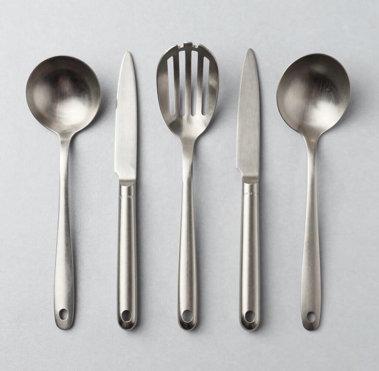 Precise top-down studio shot of neatly organized stainless steel kitchen tools on a light gray industrial background, crisp shadows, 50mm lens