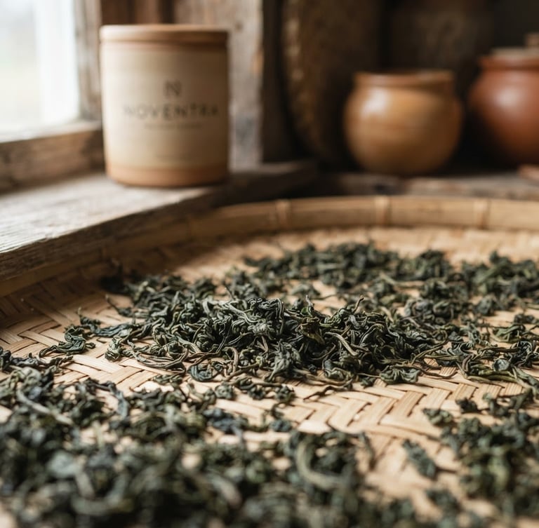 Close-up of whole-leaf orthodox tea drying on a bamboo mat, soft morning window light, shallow depth of field, earthy muted green and warm clay tones, NOVENTRA branded canister visible in soft focus.