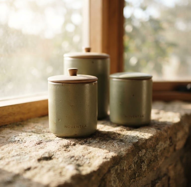Portrait shot of NOVENTRA-branded tea canisters on a textured stone surface, soft morning window light from the left, casting gentle shadows. Image bleeds to the right edge of the canvas.