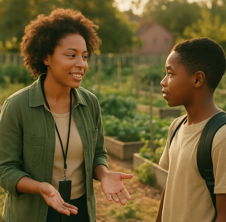 A wide environmental portrait of a local community organizer speaking with a student in an outdoor learning garden, soft golden hour light, 35mm film style