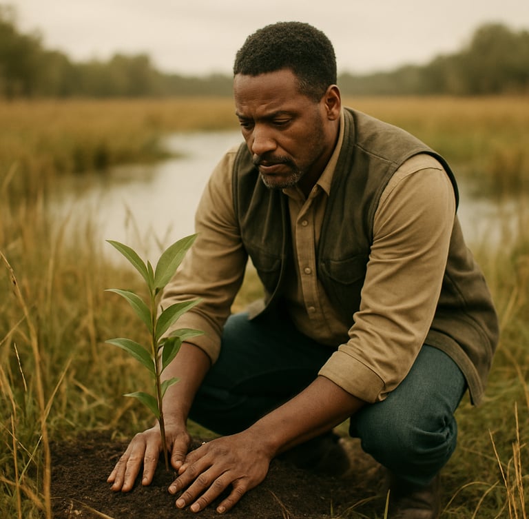 Medium environmental portrait of a local community leader planting a sweet bay sapling in a native wetland, soft overcast daylight, warm editorial photography, earthy green and muted gold tones, shallow depth of field, 35mm film style