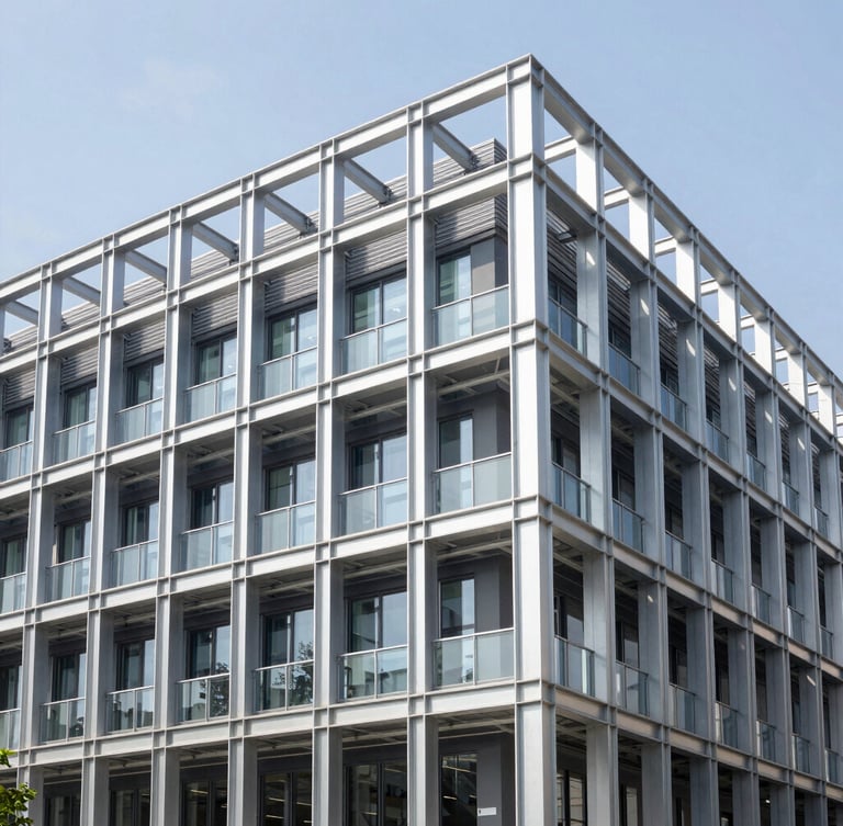 Crisp architectural photography of a modern steel-framed commercial building under bright daylight, sharp focus, technical structural lines