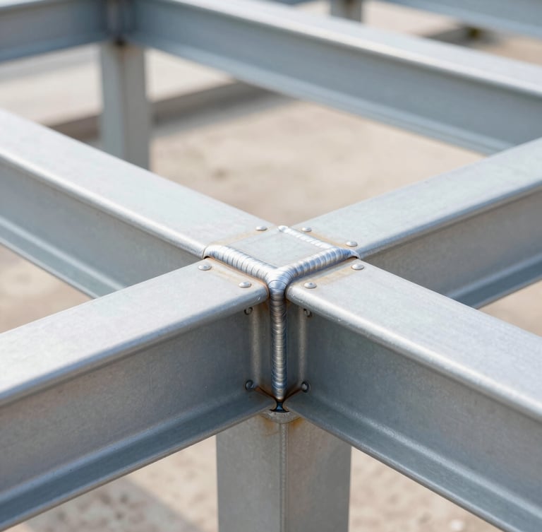 Close-up macro photography of a flawless, clean structural weld on heavy-duty steel framing, bright natural daylight, sharp focus