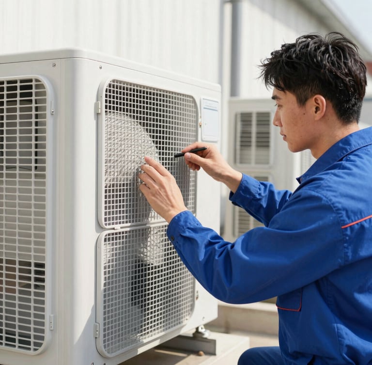Close-up of a professional technician in a clean uniform inspecting a modern HVAC system, bright natural daylight, sharp focus, technical precision.