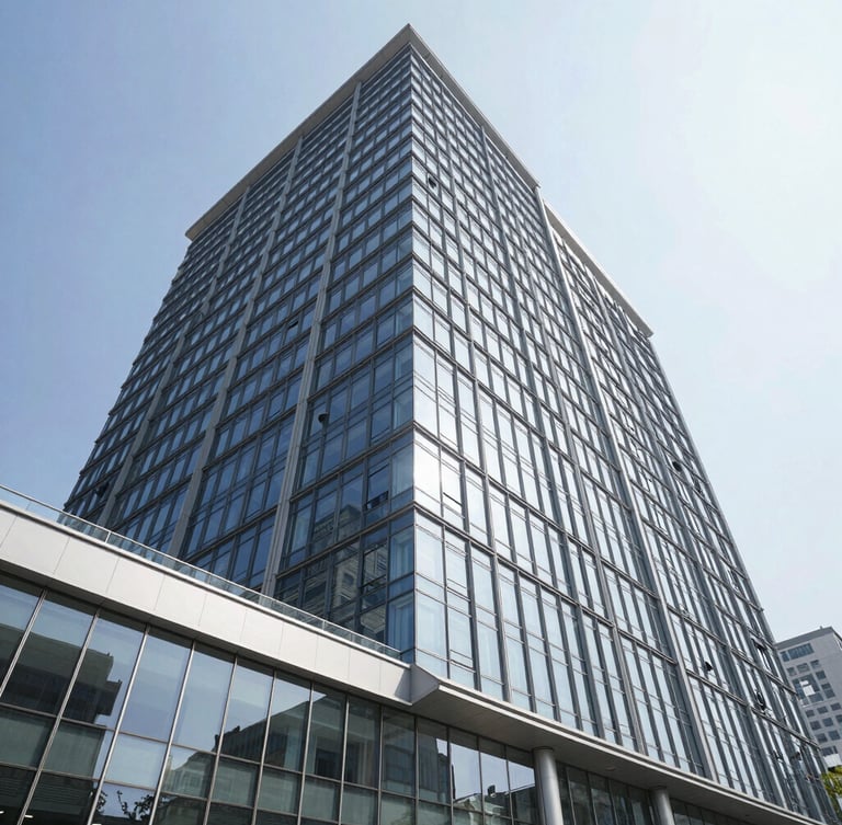 Wide-angle crisp architectural photograph of a modern commercial office building exterior, bright natural daylight, clean glass reflections, sharp focus