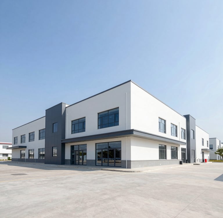 Wide-angle architectural photograph of a modern commercial facility under bright natural daylight, clean lines, sharp focus.
