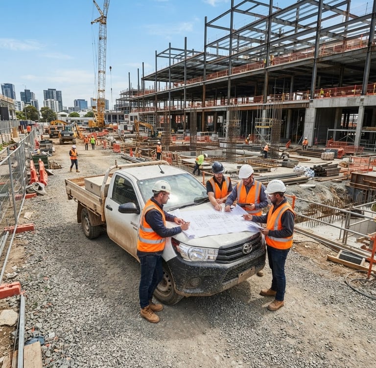 Wide environmental shot of an active commercial construction site in bright daylight, engineers in high-vis gear reviewing plans on the hood of a branded fleet truck, realistic industrial tones.