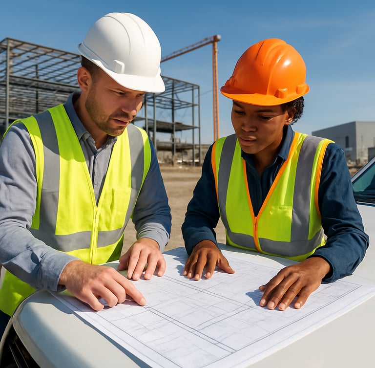Portrait of two engineers in high-vis gear reviewing physical structural plans on the hood of a branded fleet truck, bright daylight.