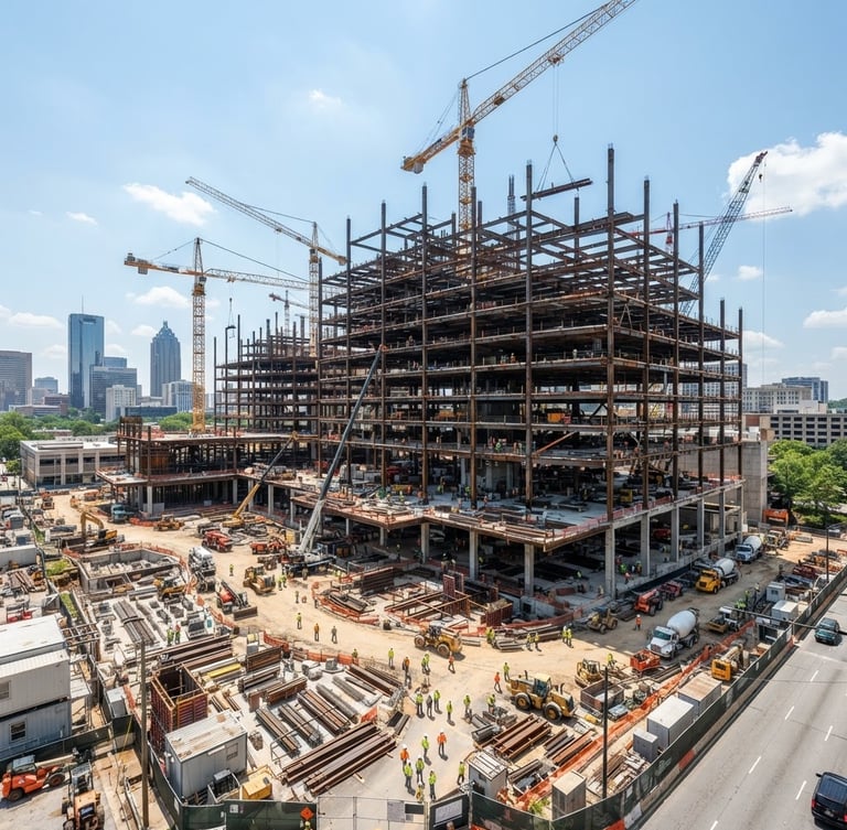 Wide shot of a large commercial construction site in Georgia, bright daylight, steel framework visible against a clear sky.