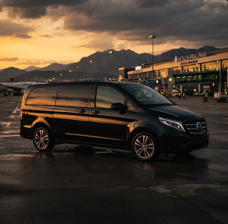 Low-angle exterior profile of an immaculate black Mercedes Vito van parked at Antalya Airport under dramatic golden-hour lighting, glossy metallic reflections.