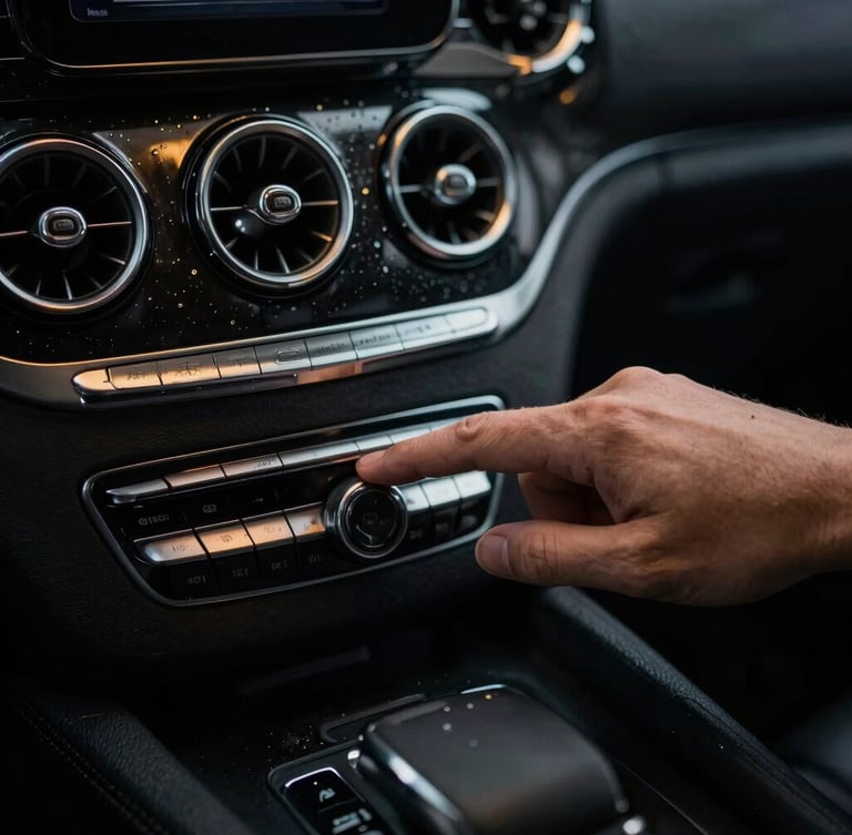 Close-up macro shot of a chauffeur's hand adjusting the climate control inside an immaculate Mercedes Vito console, chilled water bottles visible, low-key lighting