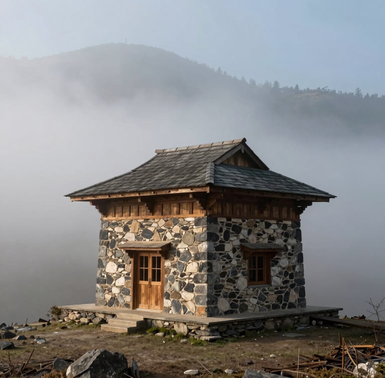 Austere stone-and-timber sanctuary building standing against dense morning fog on the Bhaderwah ridge.