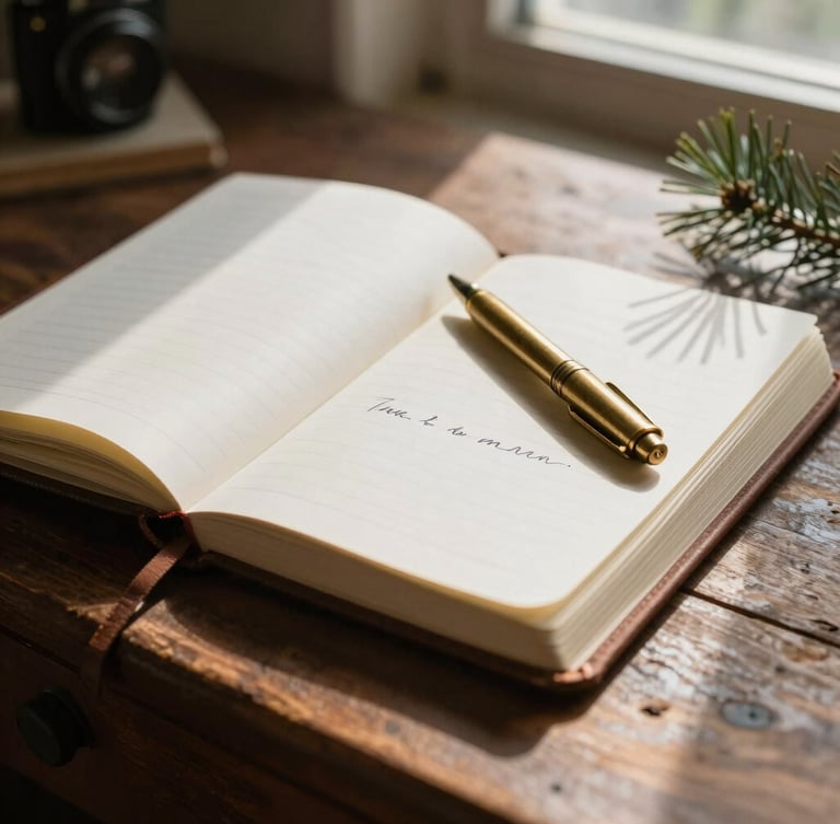 Close-up of a rustic wooden writing desk, an open leather-bound journal with handwritten ink, a heavy brass pen, soft morning light filtering through a window, shadow of pine needles.