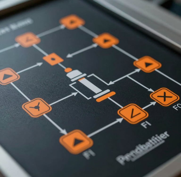 Close-up technical detail of an industrial process safety flow diagram with clean vector lines and orange risk indicators on a dark screen.