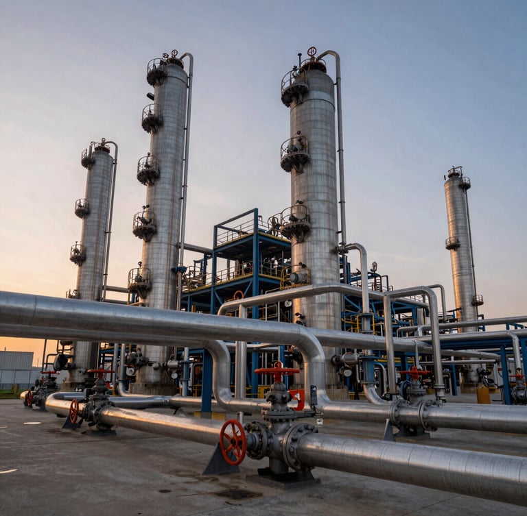 Wide panoramic shot of a modern chemical plant at sunset, complex steel piping system in sharp focus, safety orange valves contrasting against cold gray steel, dramatic perspective.