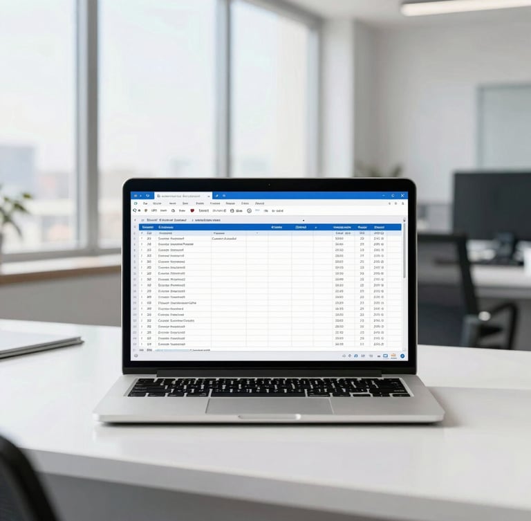 Straight-on clean office desk in Cairo with a laptop displaying a structured payroll spreadsheet, bright natural window light, professional corporate atmosphere