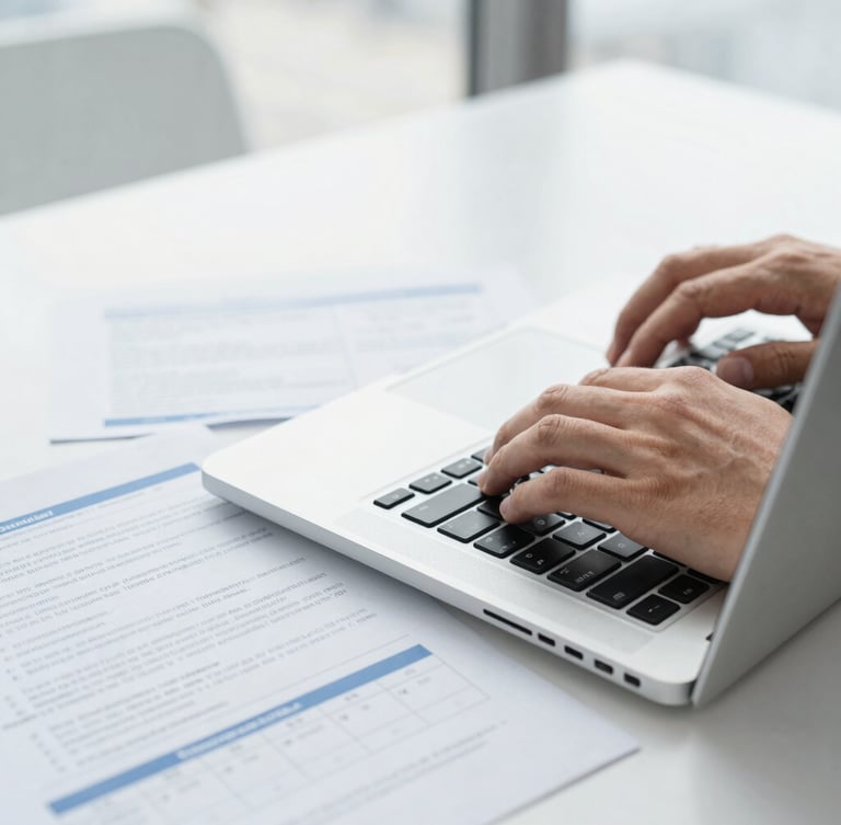 Close-up of hands typing on a laptop next to printed regional compliance documents, bright neutral office daylight, professional tech aesthetic.