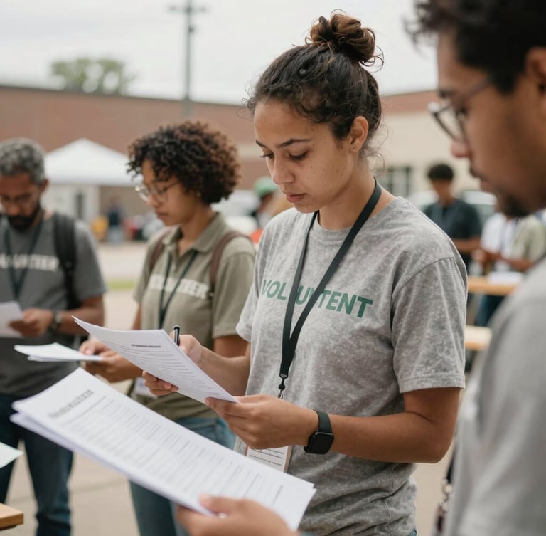 Candid medium shot of a community volunteer reviewing logistics sheets in a Chicago community center, natural overcast daylight, warm muted earth tones, 35mm film style