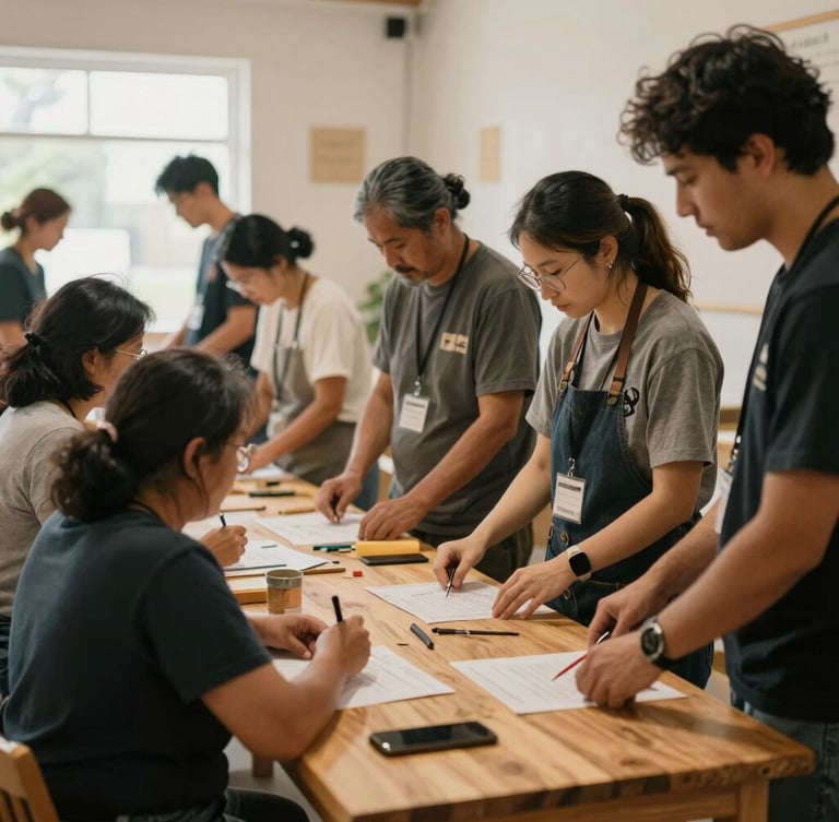 Candid documentary photograph of a local community workshop, warm ambient light, volunteers and families collaborating around a wooden table, shallow depth of field.