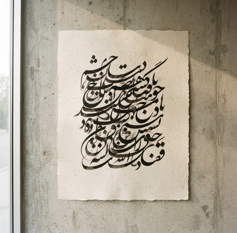 A large minimalist contemporary Persian calligraphy piece framed on a raw concrete gallery wall, soft natural side-light casting gentle shadows, warm ivory paper texture, 35mm photography