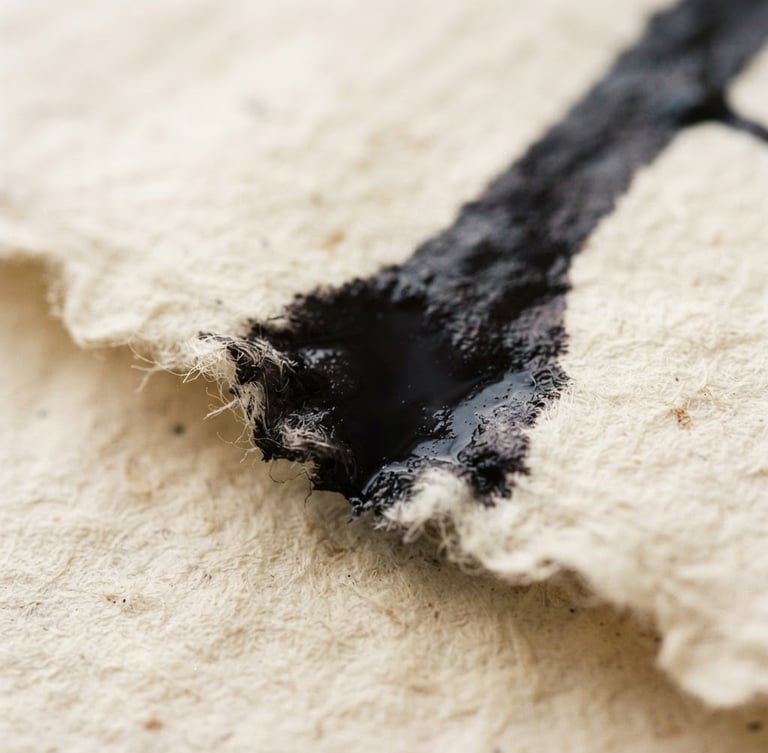 Macro photograph of deep black calligraphic ink pooling on the fibrous edge of textured handmade ivory paper, soft natural side-light, fine-art gallery style