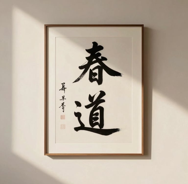 A minimalist sunlit gallery wall with a single large-scale framed calligraphy artwork, casting soft diagonal shadows on a warm ivory plaster surface