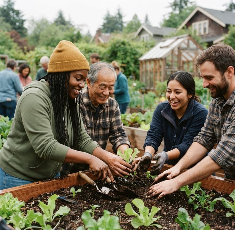 Warm, natural-light photo of diverse community volunteers actively collaborating on a local project in a Pacific Northwest neighborhood, soft overcast skies, focus on shared smiles and hands working together, shallow depth of field, 35mm.