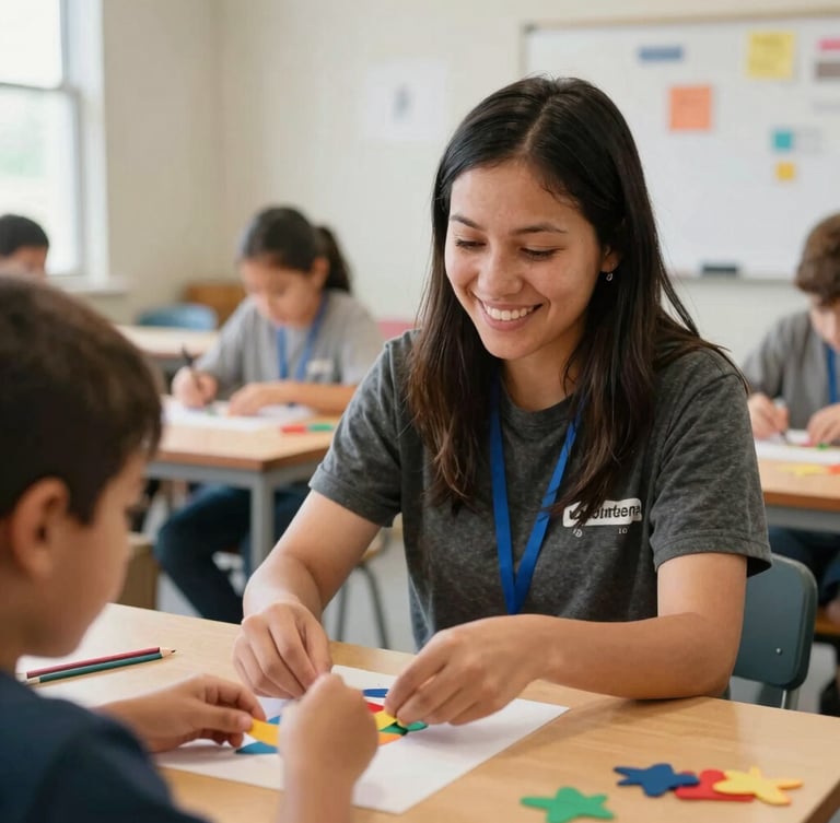 Portrait shot of a volunteer smiling while helping a child with a craft project in a brightly lit community center, natural Pacific Northwest daylight, warm organic tones, shallow depth of field, 35mm