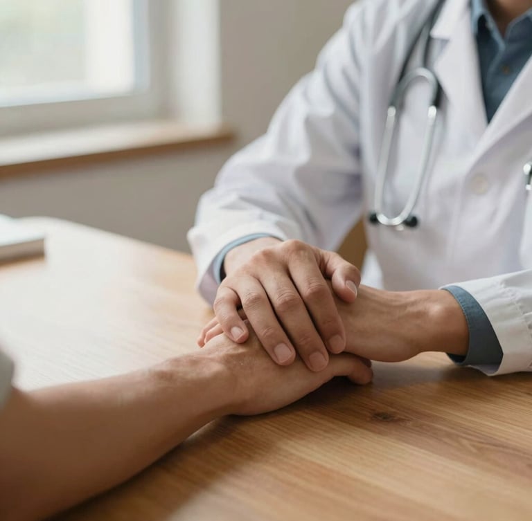 A close-up of a doctor gently holding a patient's hand on a wooden table, soft natural window light, warm terracotta tones, calming medical environment, 35mm