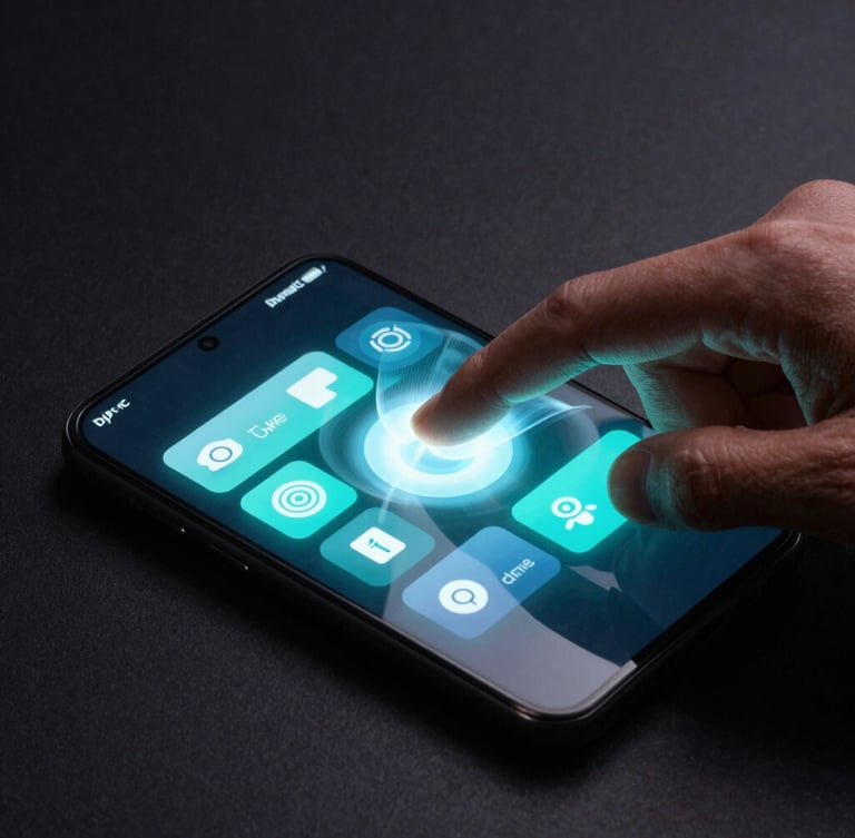 Dynamic isometric close-up of a flagship Android device screen glowing in a dark studio, showing a fluid custom UI widget, kinetic motion-blur of a hand interacting with the display, cyber-cyan reflections.