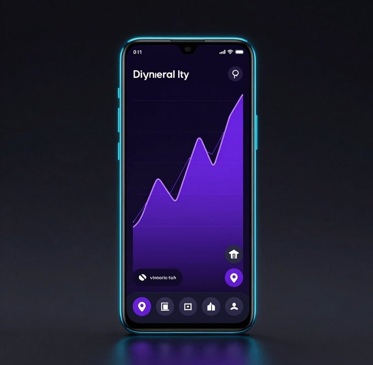 Dynamic isometric view of a flagship Android smartphone screen glowing in a dark studio, showcasing a custom dark-mode UI with sharp cyber-cyan borders and vibrant purple charts.