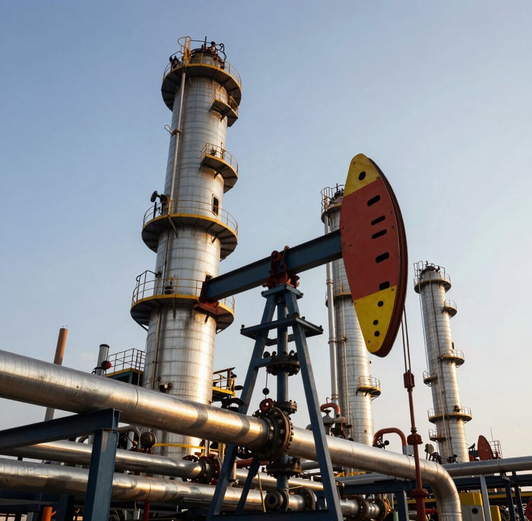 Low-angle dramatic industrial photography of oil refinery towers, steel pipes under high pressure, golden hour flare, safety orange accents, sharp focus.