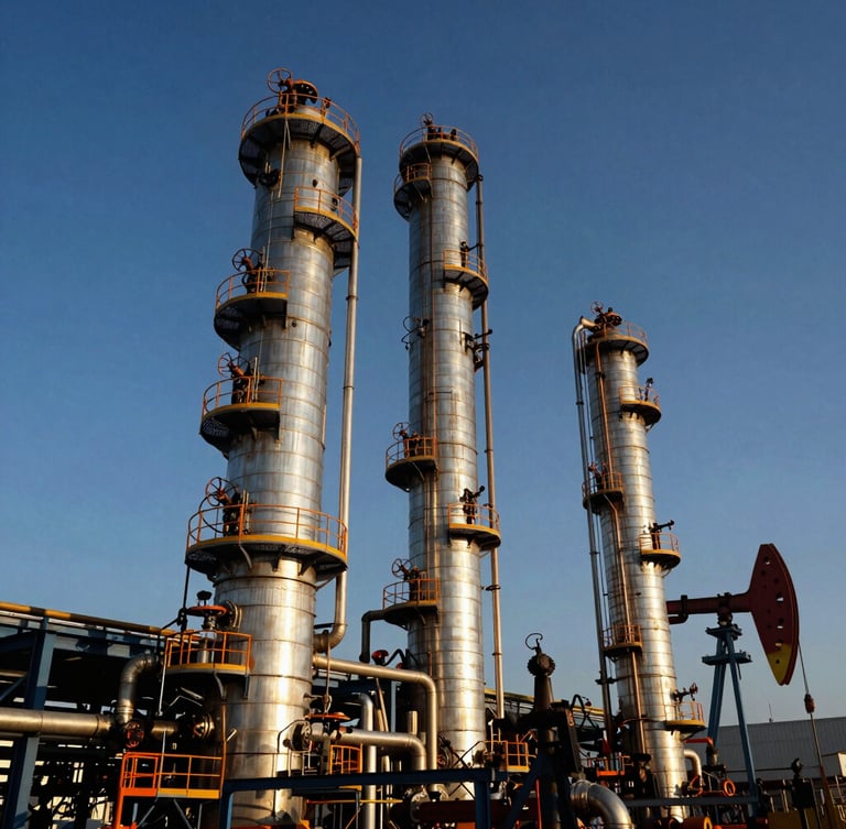 Dramatic low-angle industrial photography of oil refinery distillation towers at sunset, intense high-contrast lighting on steel pipes, safety orange accents, sharp focus, 35mm lens