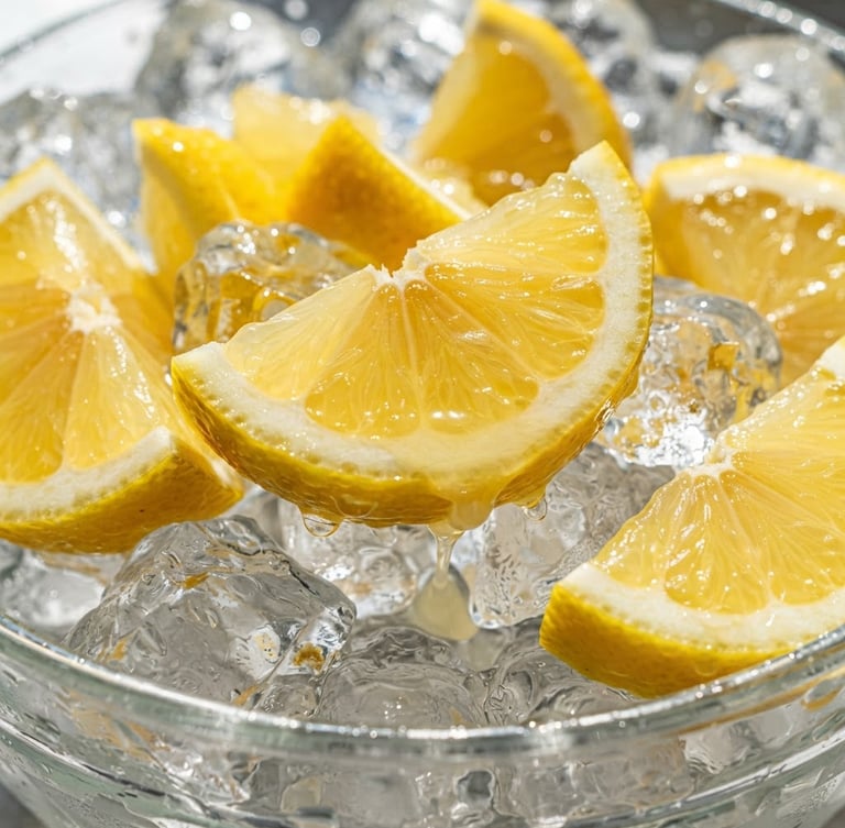 Close-up macro shot of dripping freshly cut lemons on ice, bright direct summer sunlight, saturated tropical tones, crisp shadows, 35mm lens