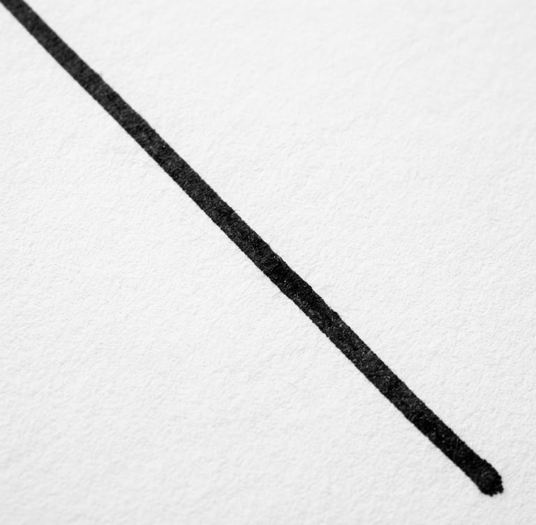 Stark minimalist macro photograph of a single black ink stroke on clean white textured paper, sharp direct studio lighting, high contrast black and white, geometric composition