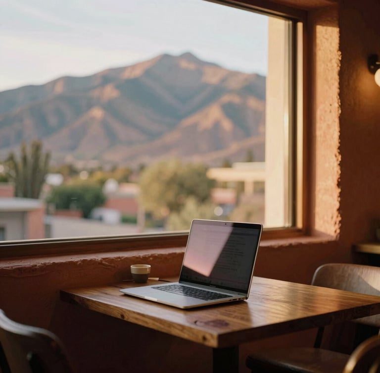 Warm editorial photography of a cozy cafe workspace in Mendoza with sun-baked terracotta walls, golden-hour mountain light through a large window, a laptop open on a wooden table, 35mm film look.