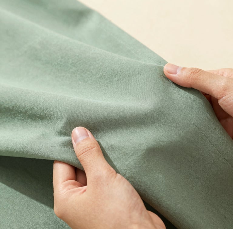Close-up of a high-quality sage green fabric texture being held gently by female hands, showing neat stitching and premium weave, soft natural lighting, shallow depth of field.