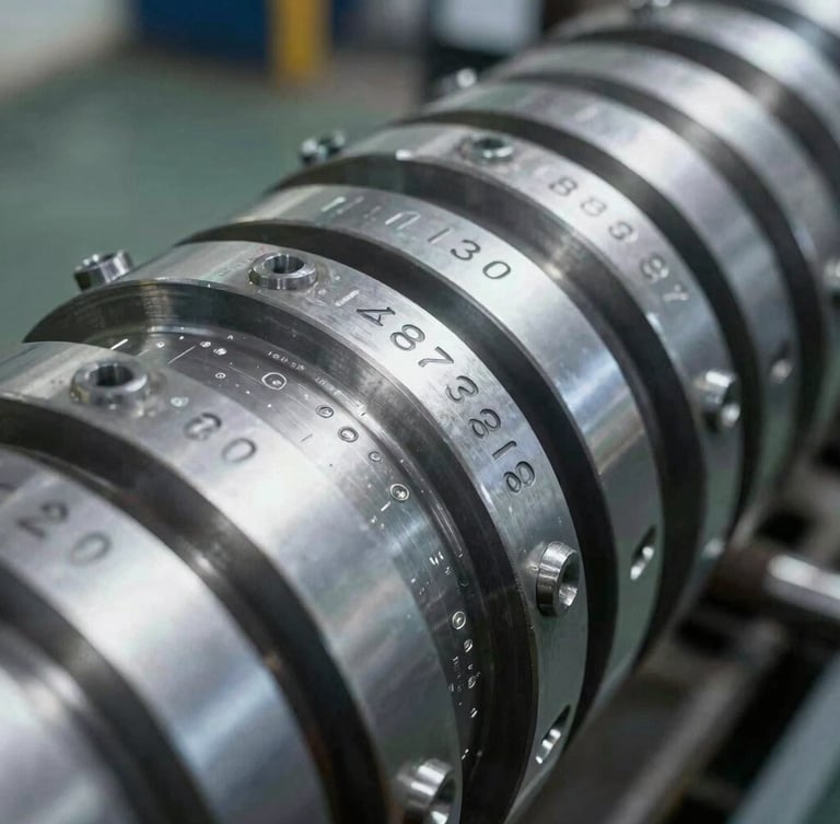 Tight technical close-up of a metal serial plate on heavy machinery, clearly showing engraved numbers and text, cool workshop lighting, sharp focus on details.