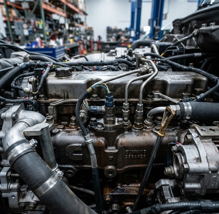 Close-up of heavy-duty truck engine components, clean, industrial workshop lighting, sharp details, 50mm
