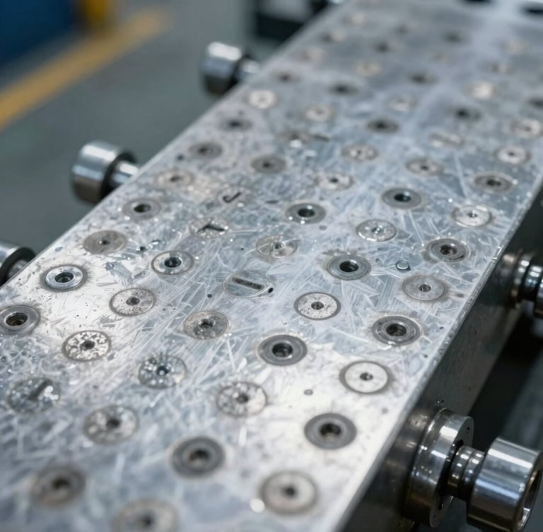 Macro shot of a metal serial plate on heavy equipment, sharp industrial photography, cool warehouse lighting