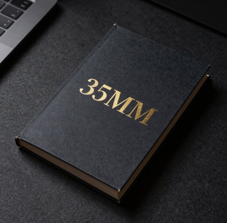 Overhead flat-lay of a dark textured workspace, a premium physical book mockup with gold foil lettering, sharp directional shadows, 35mm photography