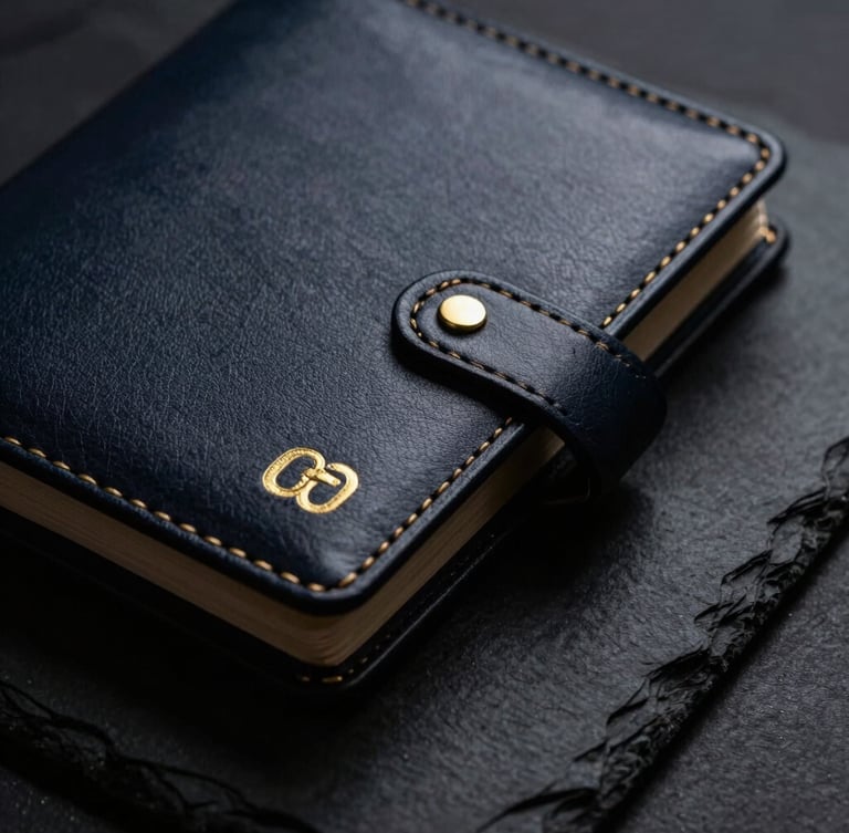 Close-up macro shot of a premium leather-bound business planner on a dark textured slate surface, sharp gold foil embossing, dramatic low-key side lighting with deep shadows, 35mm photography