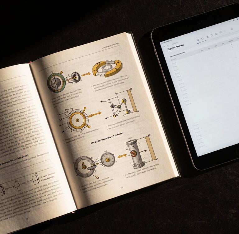 Overhead flat-lay of an open physical textbook displaying complex operational frameworks, placed next to a sleek modern tablet showing a clean digital spreadsheet, dramatic low-key lighting, sharp directional shadows, 35mm