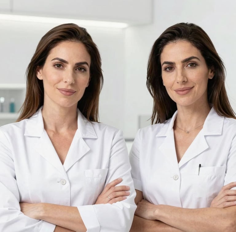 Professional portrait of two medical aesthetic practitioners, Rosa Irles and Ariel Arias, in a clean, modern clinical environment, bright studio lighting, confident and transparent expressions.